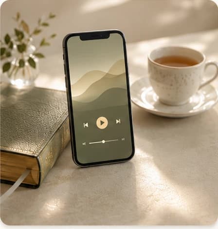 Celular com player de audio ao lado de Biblia e xicara