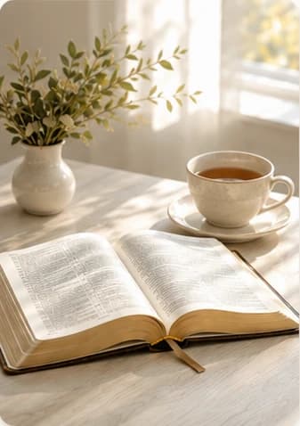 Biblia aberta sobre uma mesa clara com xicara e luz suave da manha