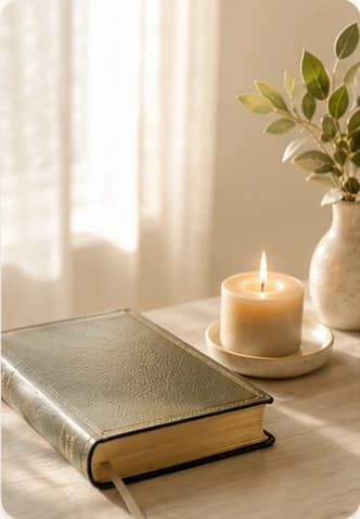 Biblia fechada com vela e luz suave