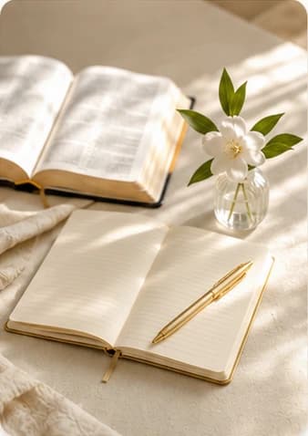 Biblia aberta com caderno claro, caneta dourada e flor branca